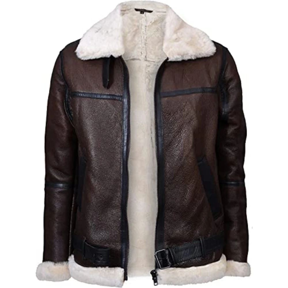 Custom Brand Mens Genuine Real Leather Shearling Jackets Sheepskin Fur Bomber Leather Coat Jacket