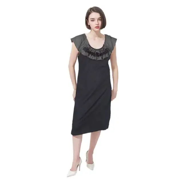 Beautiful Grey Black Combination Comfortable Knee-Length Maternity Dresses with Breathable Neck Woven Sleeved Women Vacations