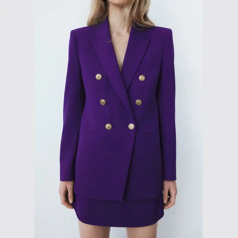Wholesale 2022 New European Style Breasted Slim Blazers Suits Double Breasted Jacket Pleated Mini Skirt Suit 2 Piece Set