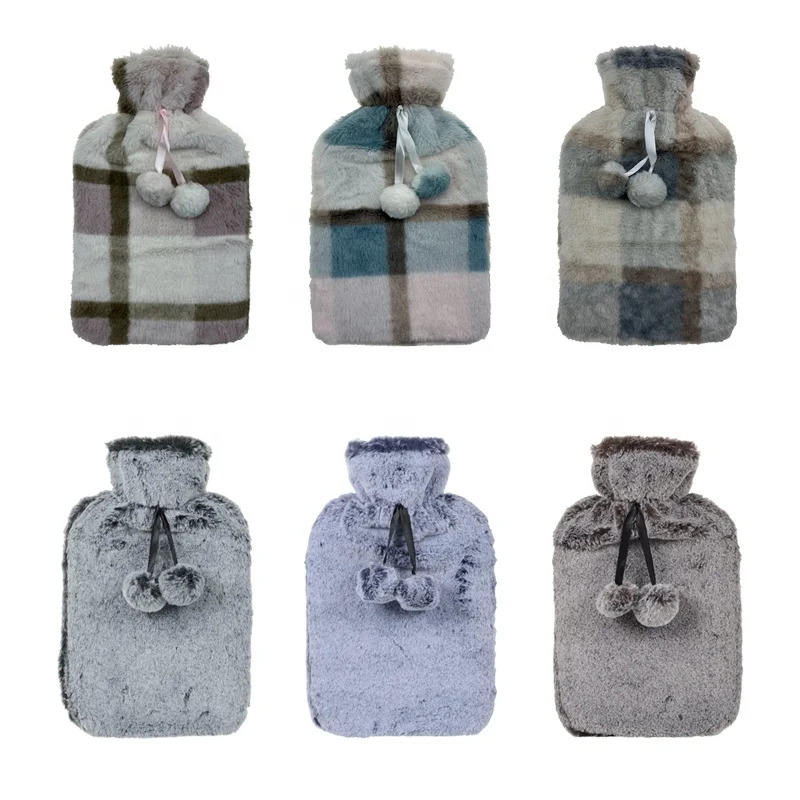 1000ml / 2000ml natural rubber pvc hot water bag bottle knitted plush fur fleece cover for customers to choose