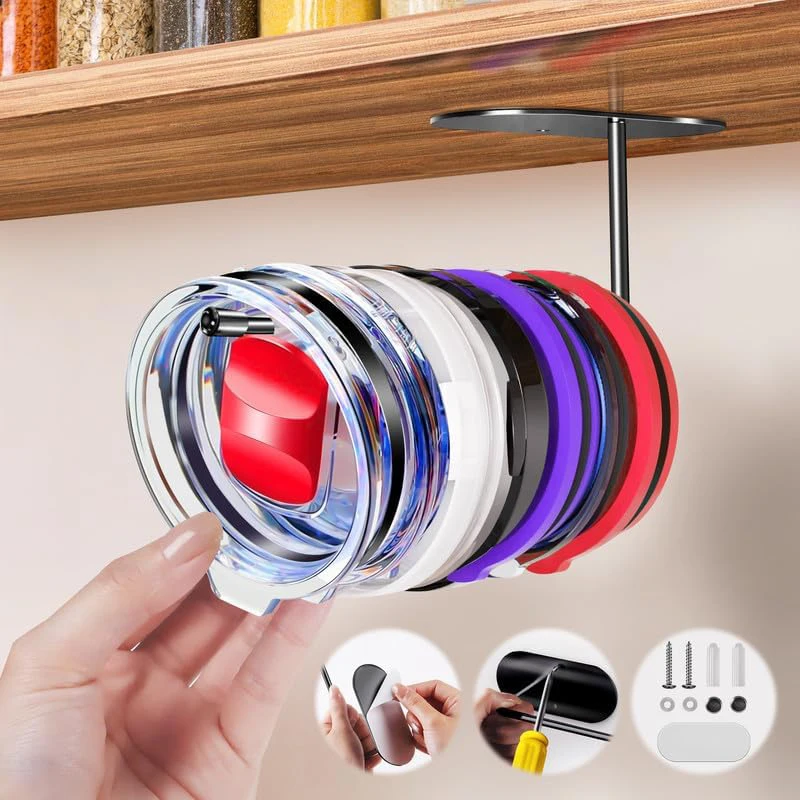 Tumbler Lid Organizer Space Saving glass lid Hook for for Kitchen Under Cabinet Mount Self-Adhesive Tumbler Lid Storage Hook