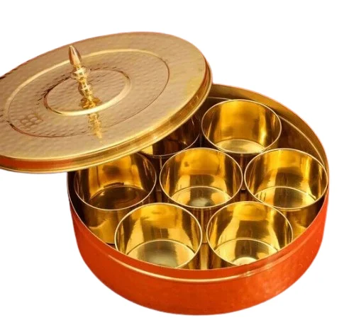 Masala Dabba Kitchen Cabinet Brass Spice Box Spice Container Rounded Lid Pure Brass Masala Box Set With Brass Spoon