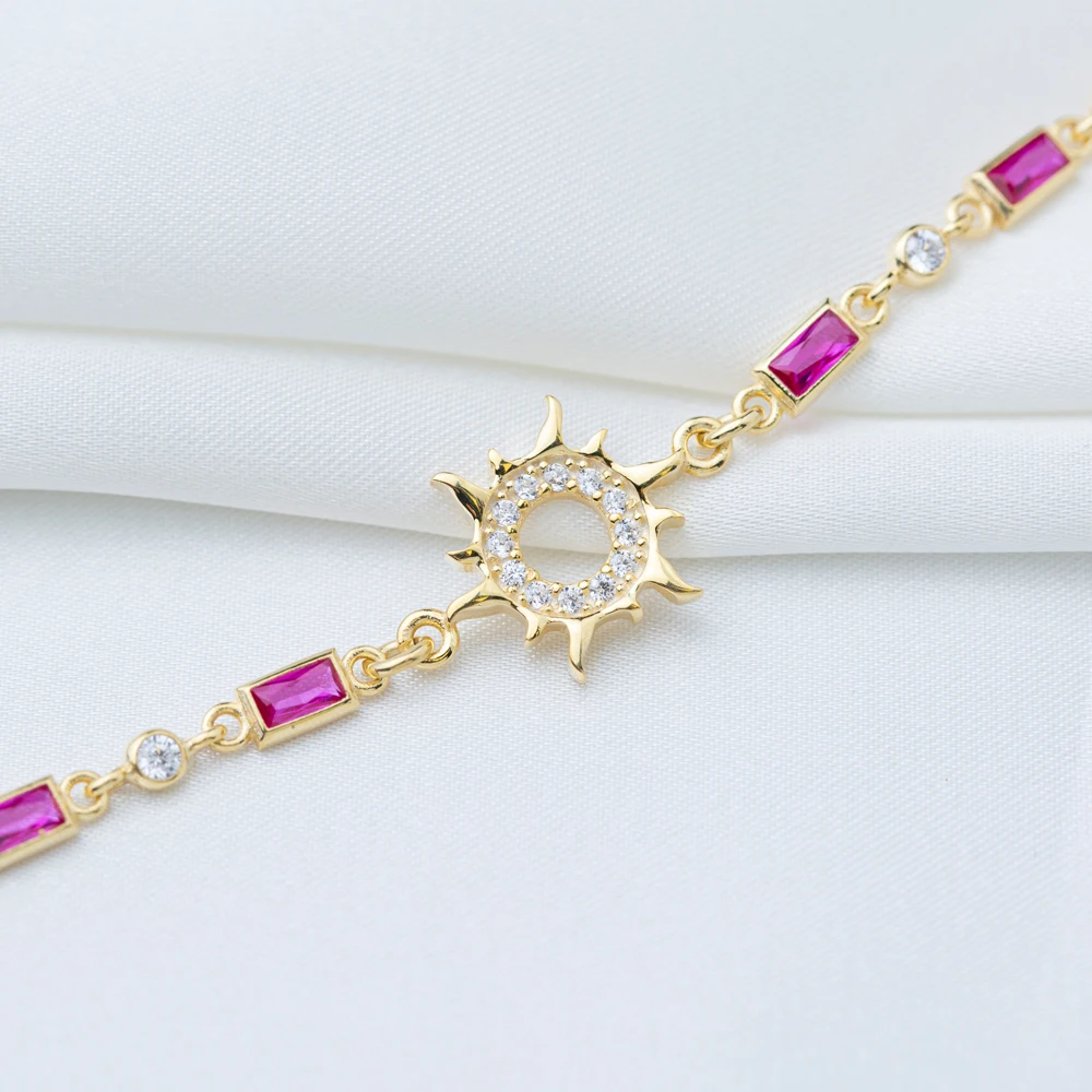 Sun Design Rectangle Shape Stone Ruby Stone Chain Bracelet Women 925 Sterling Silver Jewelry