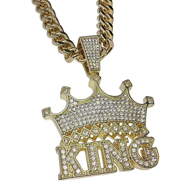 Crown King Hip Hop Pendant Chain Blinged Out Certified Gold Heavy Necklace With Curb Chain For Your Husband