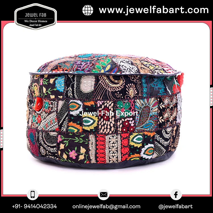 Home Decor Cotton Floral Patchwork Embroidered Ottoman Pouf Cover Blue Foot Stool Furniture Pouffes handmade premium