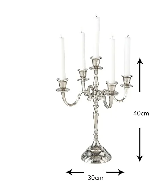 Five Candle Candelabra Silver Finish Centerpiece Hand Crafted of Cast Aluminum Atelier Craft Surface Details MADE IN INDIA