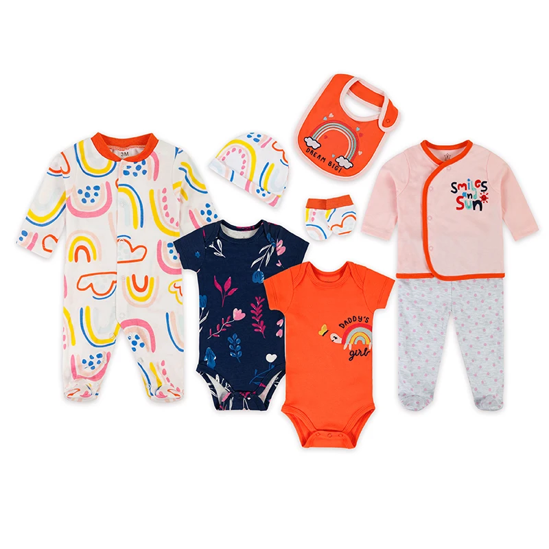 8 Pieces Comfortable Baby clothes Sets with bodysuit & sleepsuit & bib &hat & Baby kimono & booties and pant baby clothing set