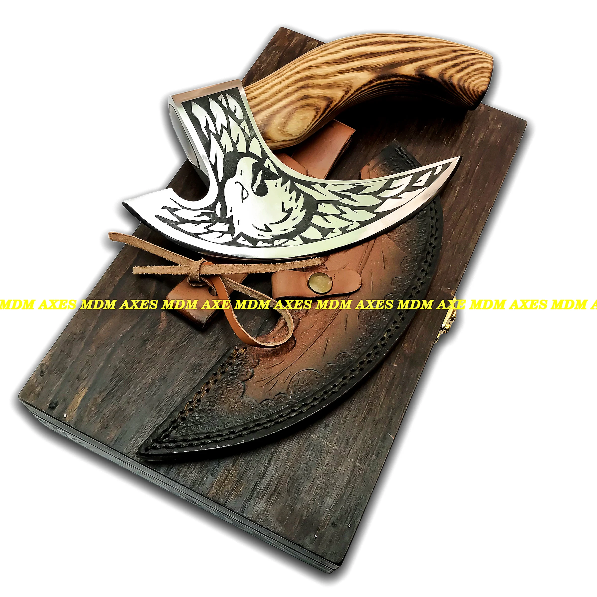 Custom Handmade Carbon Steel Viking Hatchet Tomahawk Beautiful Wooden Box Beautiful Damascus DIY Hunting Pizza Cutter Included