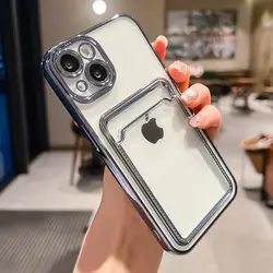 Electroplated Transparent Card Holder Phone Case For iPhone 13 11 12 14 Pro Max 14 Plus Photo Pocket Shockproof TPU Cover