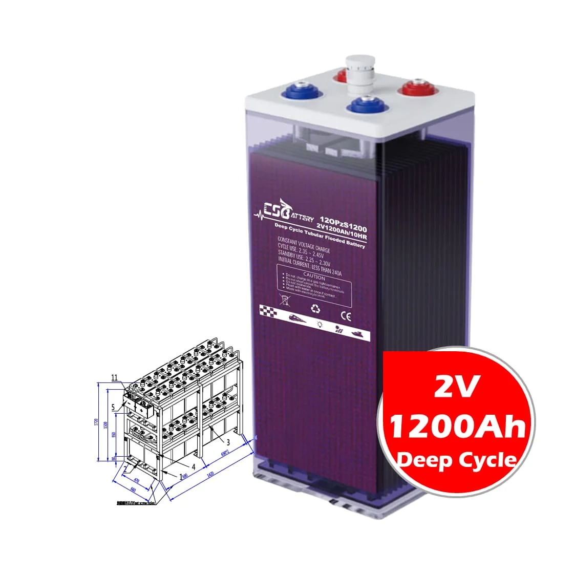 CSBattery 2 В 1200Ah Солнечная сухая трубчатая аккумуляторная батарея-Электрический колесный стул производство Китай OPzV2-1200 12OPzS1200 Alex