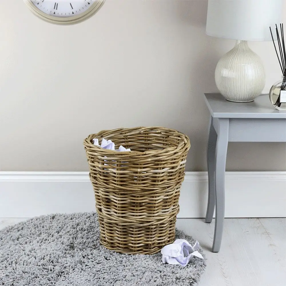 Handmade Eco-friendly Rattan Wicker Waste Paper Bin Durable Robust Storage Basket in Grey & Buff Color