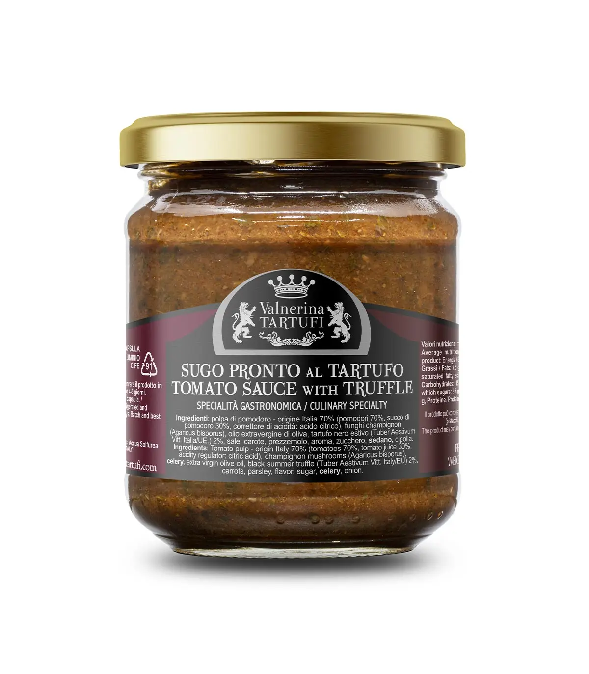 180g Tomato sauce with Truffle Tuber Aestivum Vitt Artisanal Quality Made in Italy Vegan Vegetarian Halal