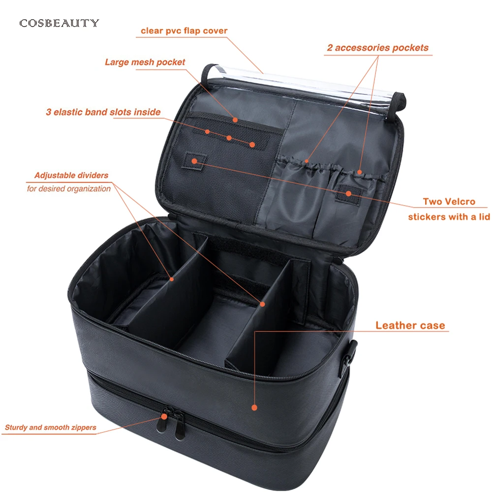 wholesale new custom Portable brush holder Flexible Divider insert makeup bag organizer PU Leather Travel vanity nail case