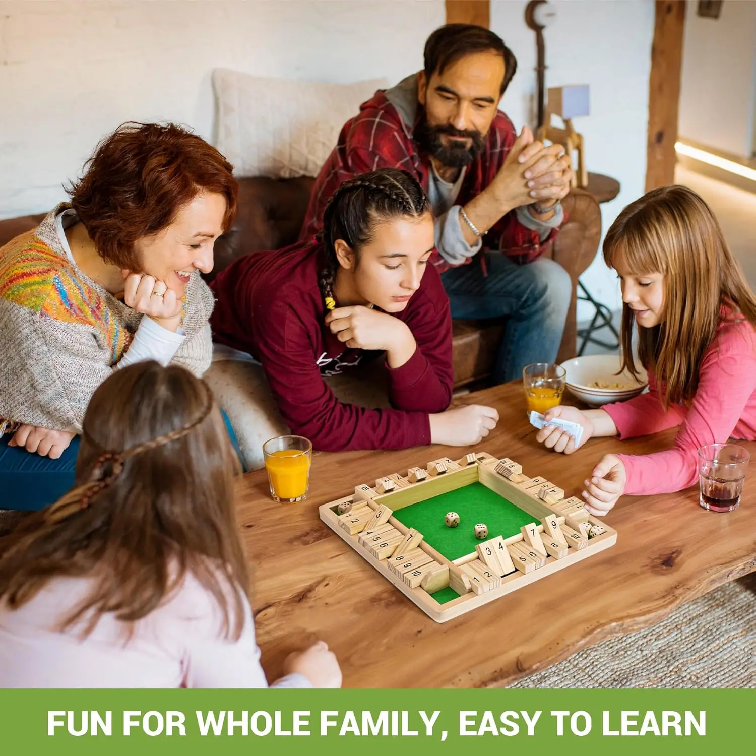 Wooden Shut The Box Game 2-4 Players  12 Inch Large 4 Sided Board with 8 Dice and Rules Fun Addition Game for Kids and Adults