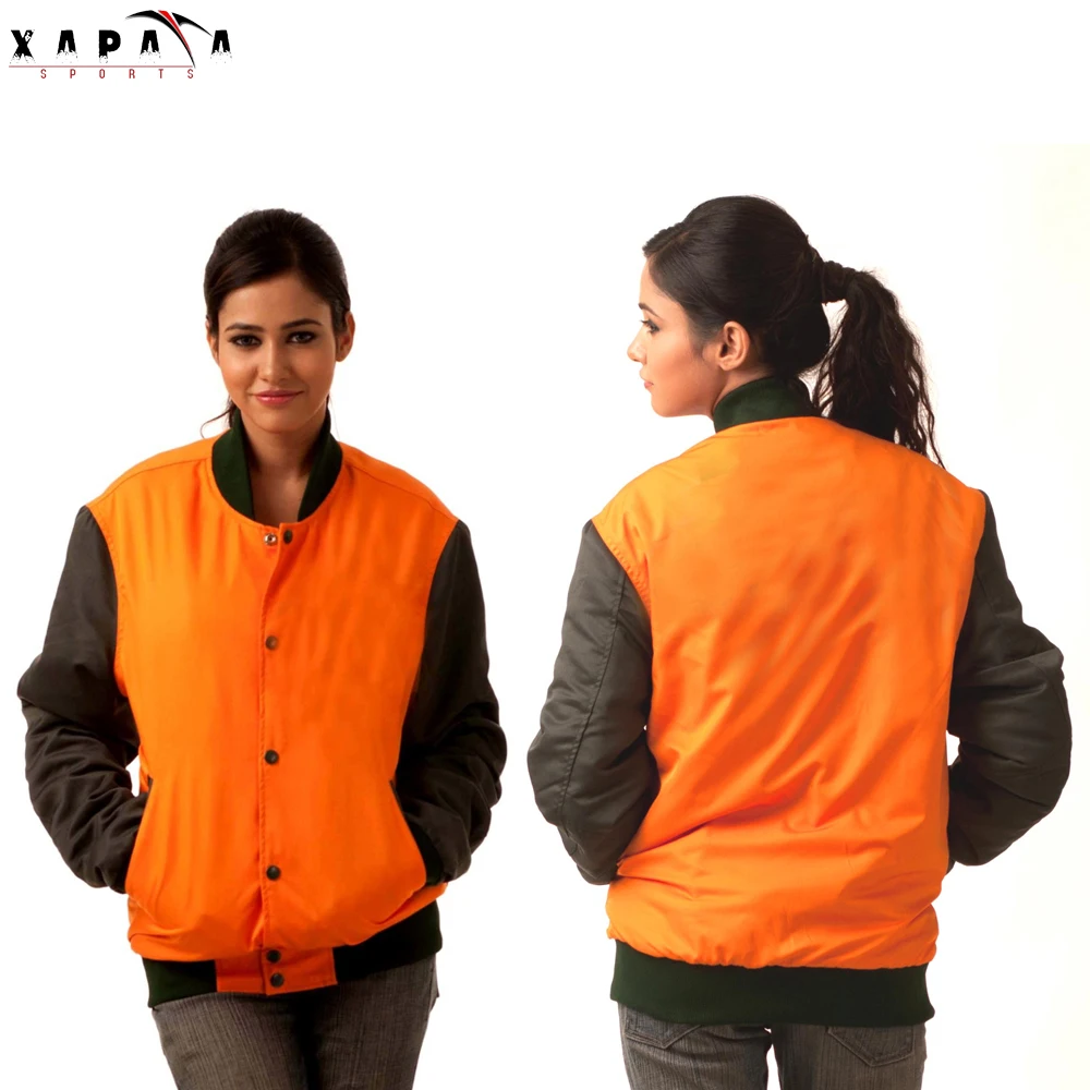 Custom Women Varsity Jackets Black Sleeve Orange Body Wool Women Outer Wear Light Weight Varsity Jackets By XAPATA SPORTS