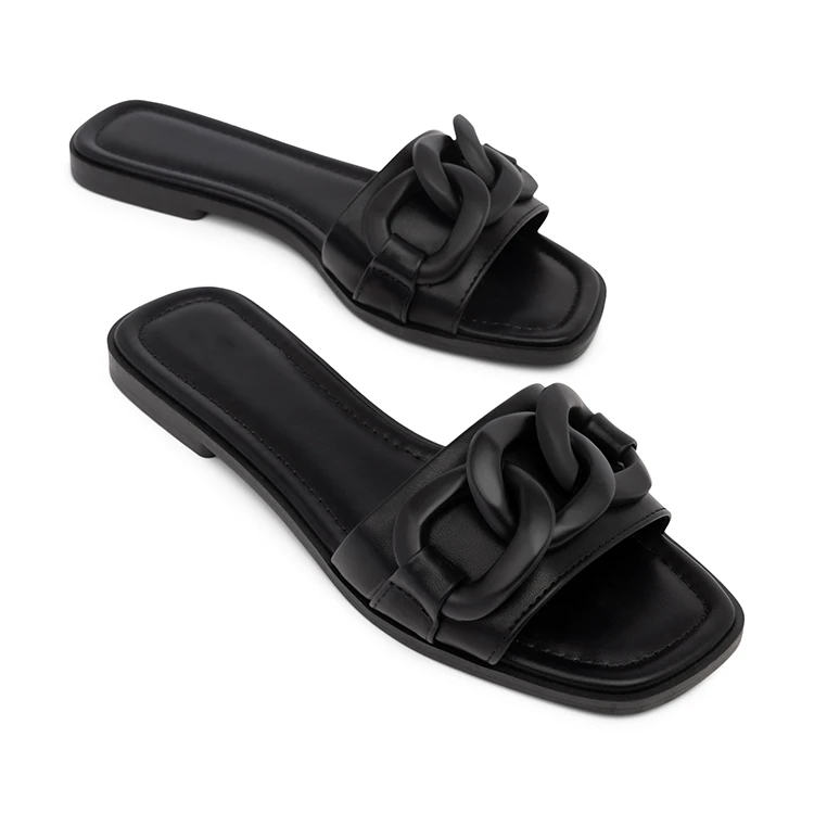 Outdoor Leather Slippers Square Toe Flat Mules Sexy 2023 Comfort Summer Black Flat Shoes