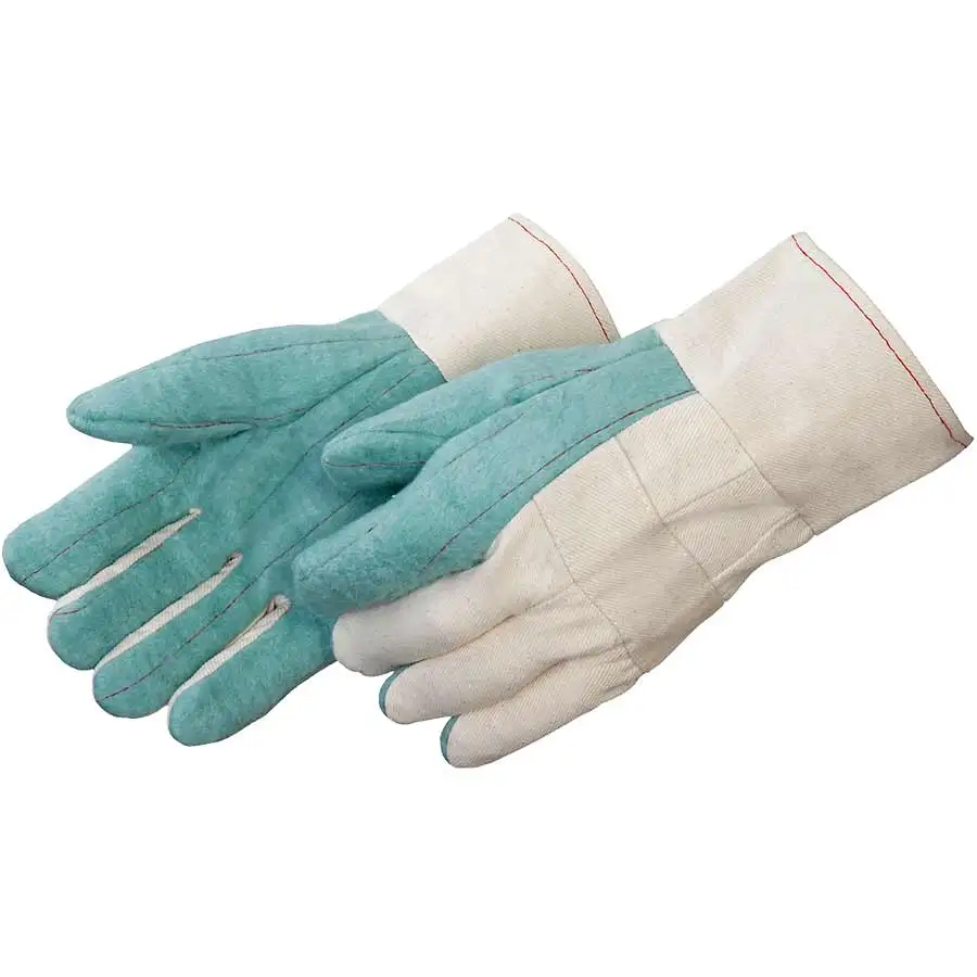 Hot Mill glove, , standard grade, green 100% woven cotton double-ply palm, natural fingers, knuckle strap, duck gauntlet cuff