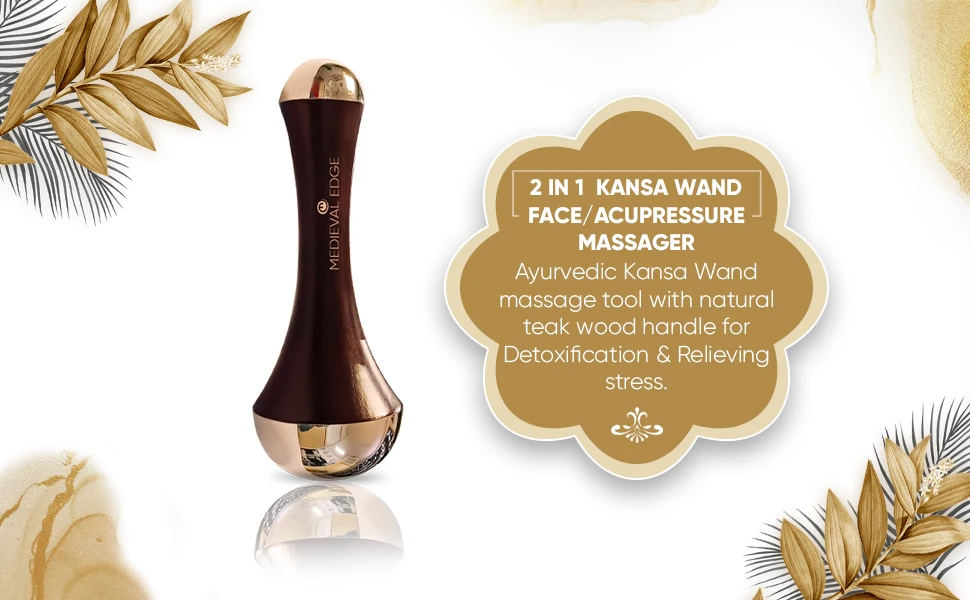 100% Pure Ayurvedic Double-Side Dark Brown Kansa Wand Face Massager Tool For Acupressure Massager With Teak Wood Handle