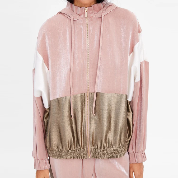 Casual Fashion women Polyester Shiny Contrast Color Zip up hoodie ladies tracksuit set