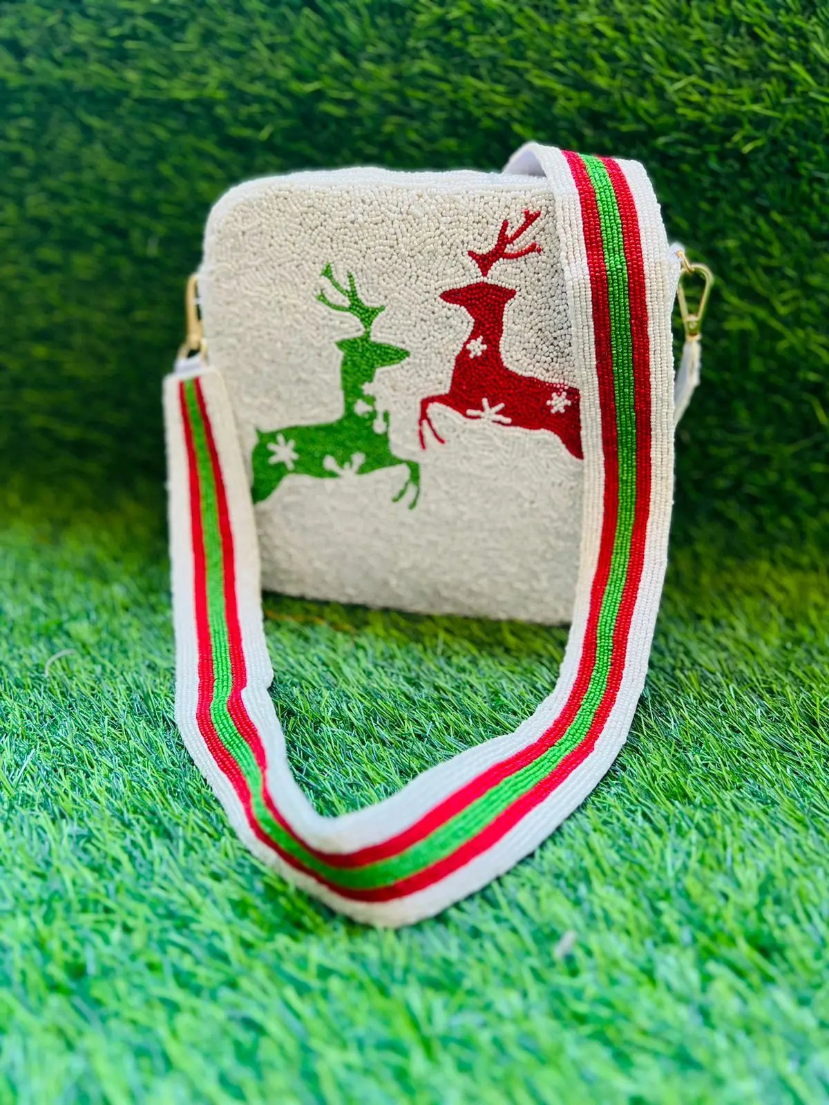 NEW Multi Christmas Seed Bead Box Bag, Seed Bead Handbag, Handmade Handbag