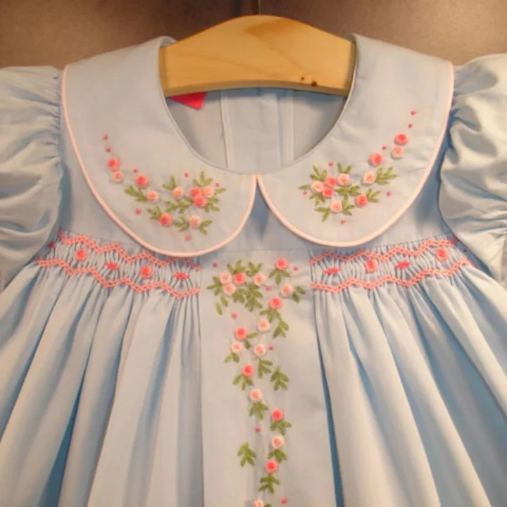 Beautiful NEW Boutique Design Hand Embroidered Smocked Dress Children Baby Girl LIGHT BLUE Ciao Bebe high-quality smocked, nice