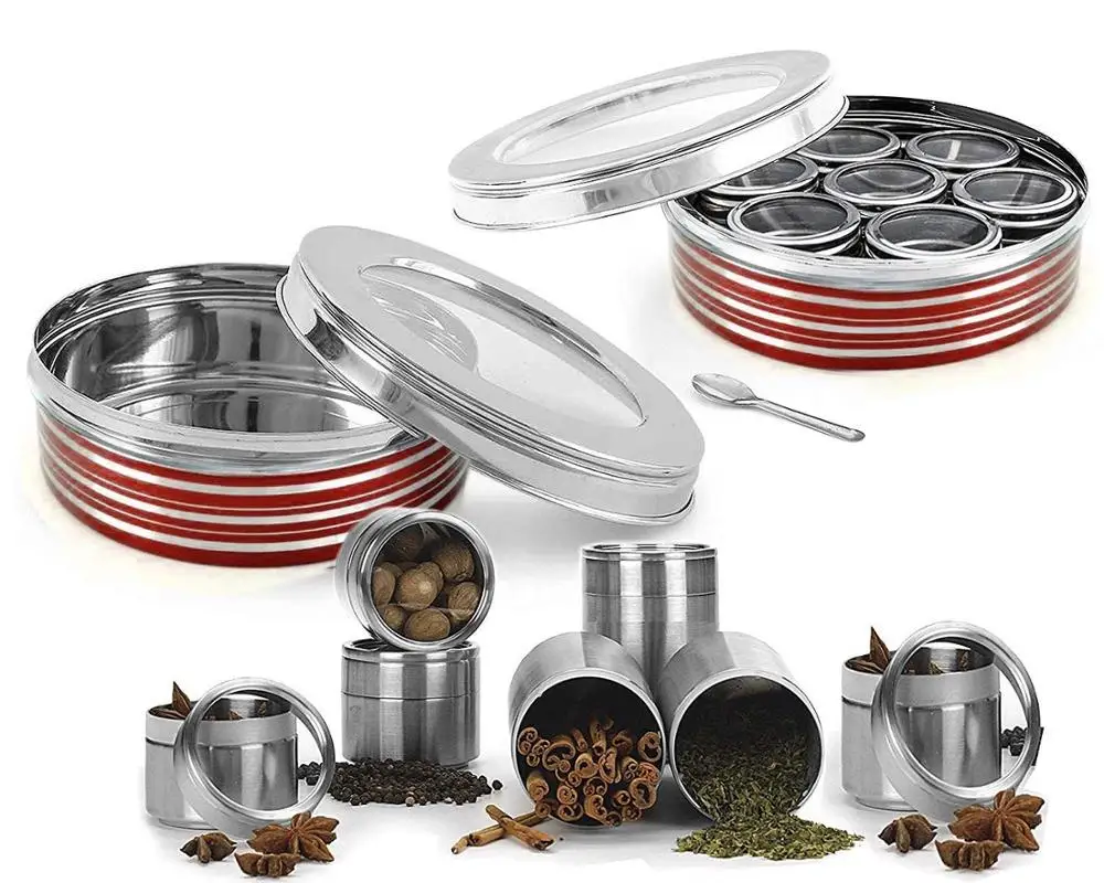 New Factory Arrival High Quality Stainless Steel Spice Box Masala Box With 9 Bowls And SS Cover Plate