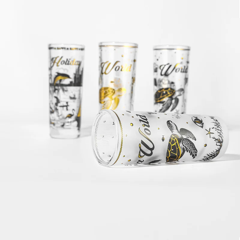 Custom Souvenir Original  2oz 60ml Shot Glass Thick Base Straight Black Gold Sea World Print  Shot Glasses