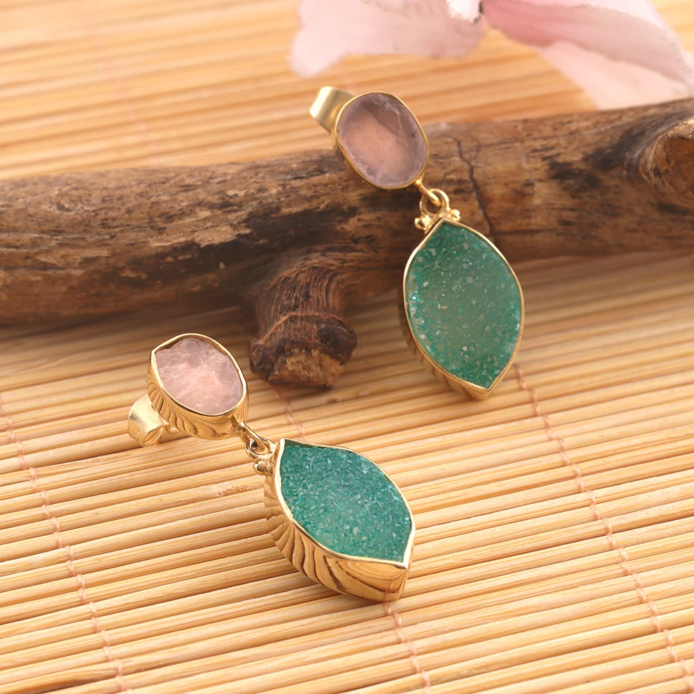 Custom two stone earrings real raw rose quartz with resign sugar druzy stud drops 18k gold plated women jewelry studded earrings