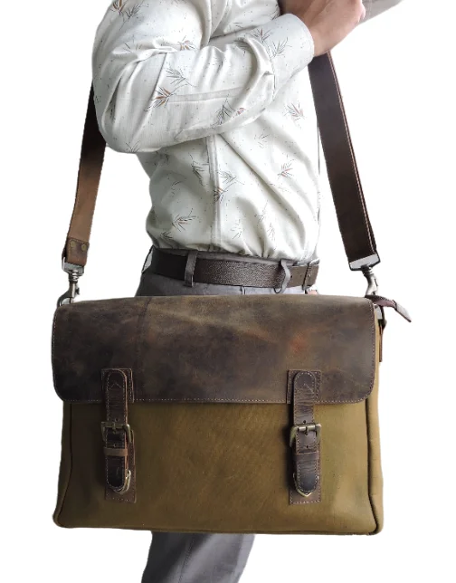 Customised Manufacturer Vintage 100% Genuine Leather Supplier Canvas Laptop Messenger Briefcase Travel Bag and Bulk Order