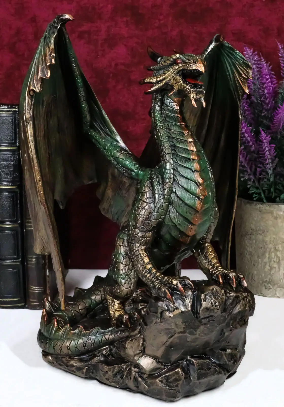 Wholesale handmade animal figurines custom crafted for home decor unique resin bronze dragon standing on rock figurines