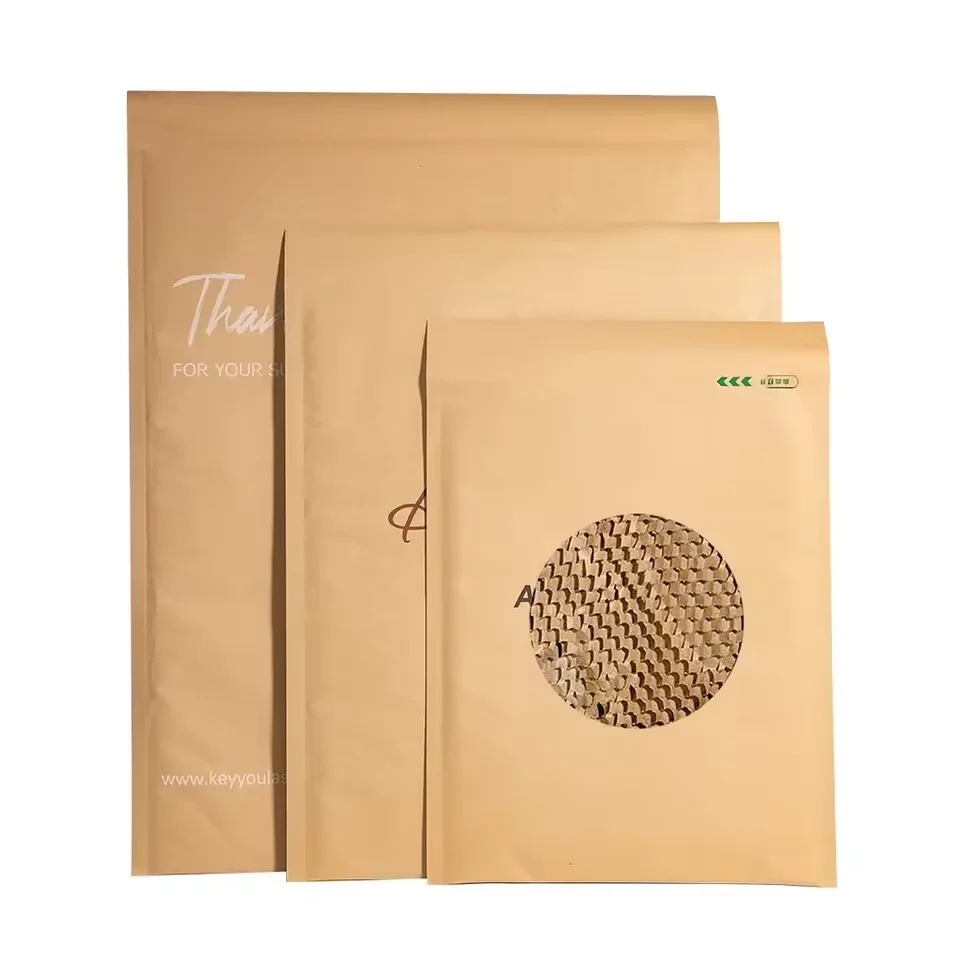 Custom LOGO Strong Adhesion 100% Biodegradable Kraft Honeycomb Paper Mailers Shipping Envelops Self-Sealing Mailing Bags