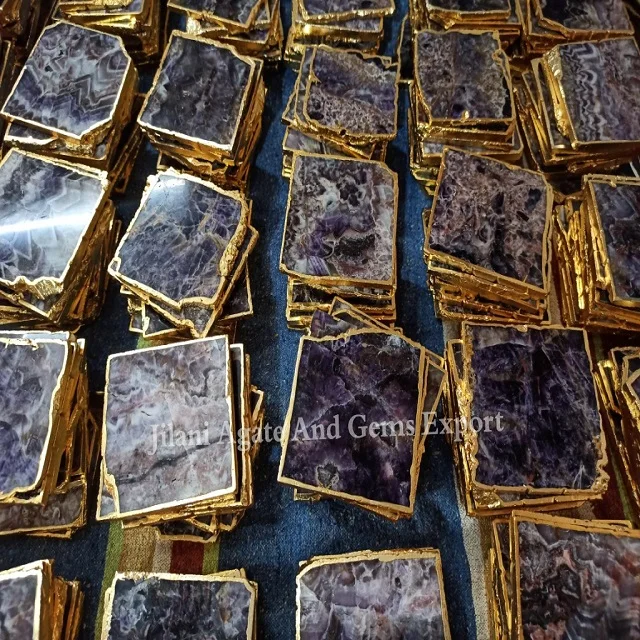 Wholesale High Quality Amethyst Agate Quartz Coasters with Golden Rim Polished Healing Table Cup for Home Decor