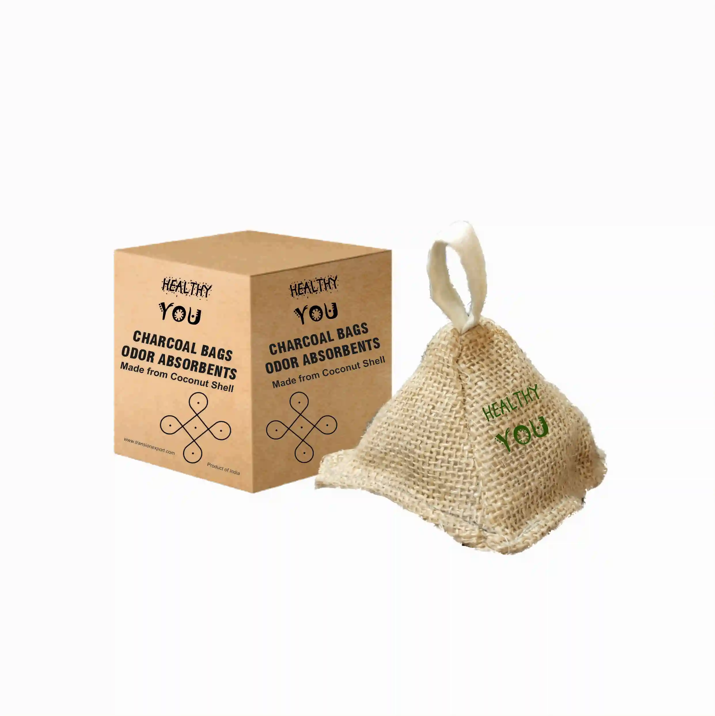 Solid Shape Natural Charcoal Air Freshener Re-usable Activated Coconut Shell Pyramid Pillow Bags India Origin