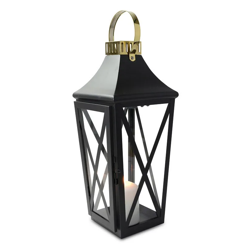 Solid Iron Made Moroccan Lantern with Blue Fitted Glass and Black antique Plated Candle Holder for Home Decoration