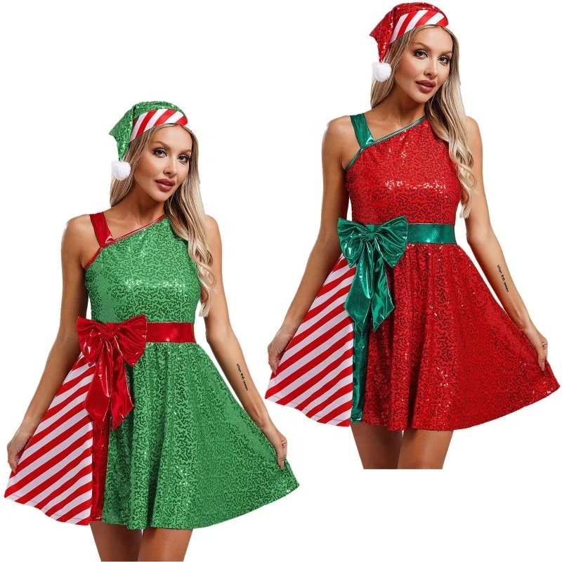 Women Christmas Costume Santa Claus Costume Sleeveless Dress With Santa Hat Set Xmas Party Costumes Christmas Dresses