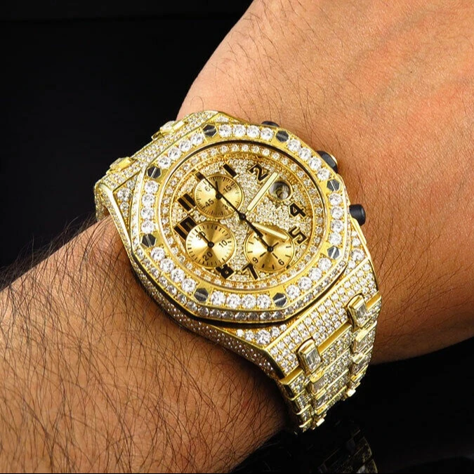 Customized Branded Full Iced Out High Quality Chronograph Gold Silver Plated Original Hip Hop Men Moissanite Diamond Wrist Watch
