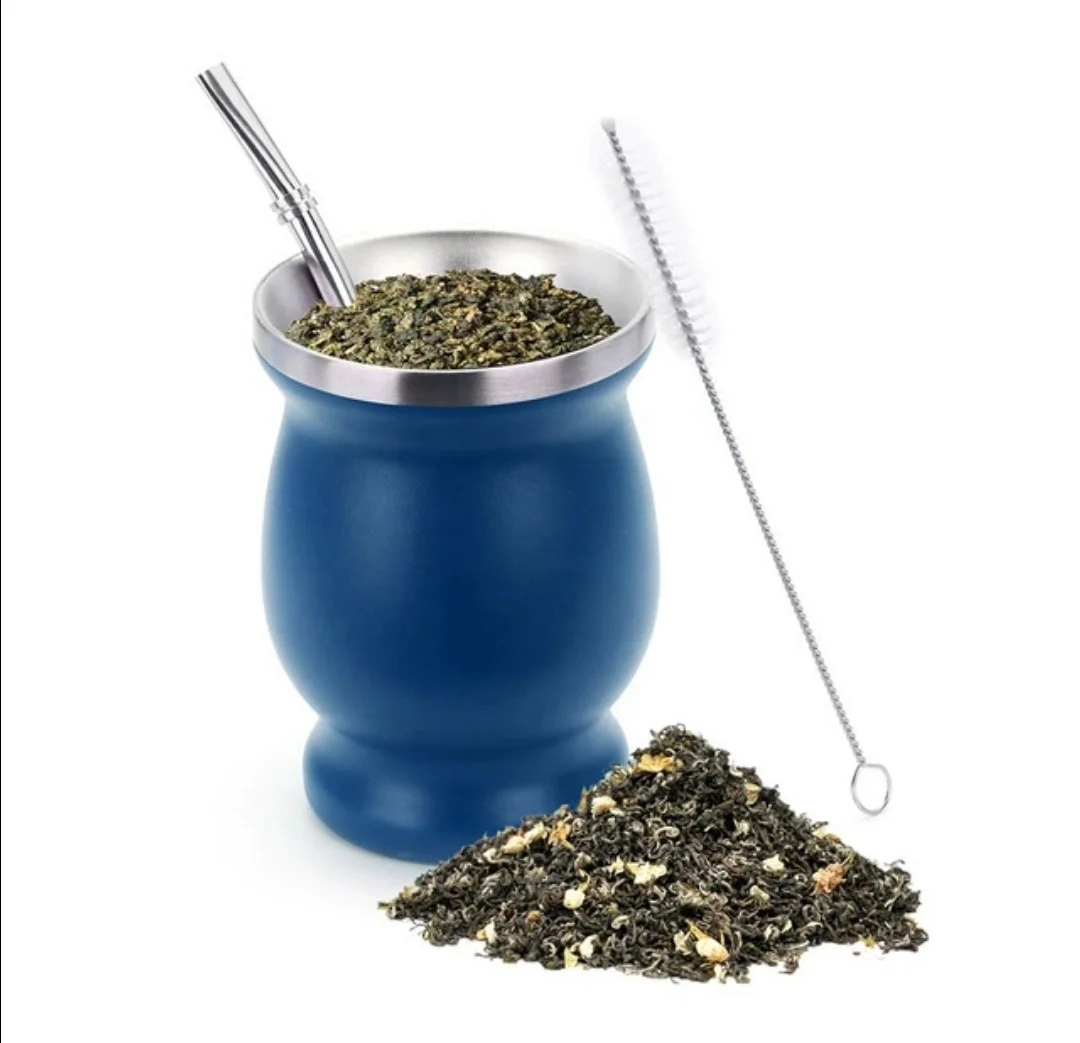KAIYANGE 8 унций Бразильская чайная чашка Yerba Mate Двухстенная Изолированная из нержавеющей стали yerba mate с соломой