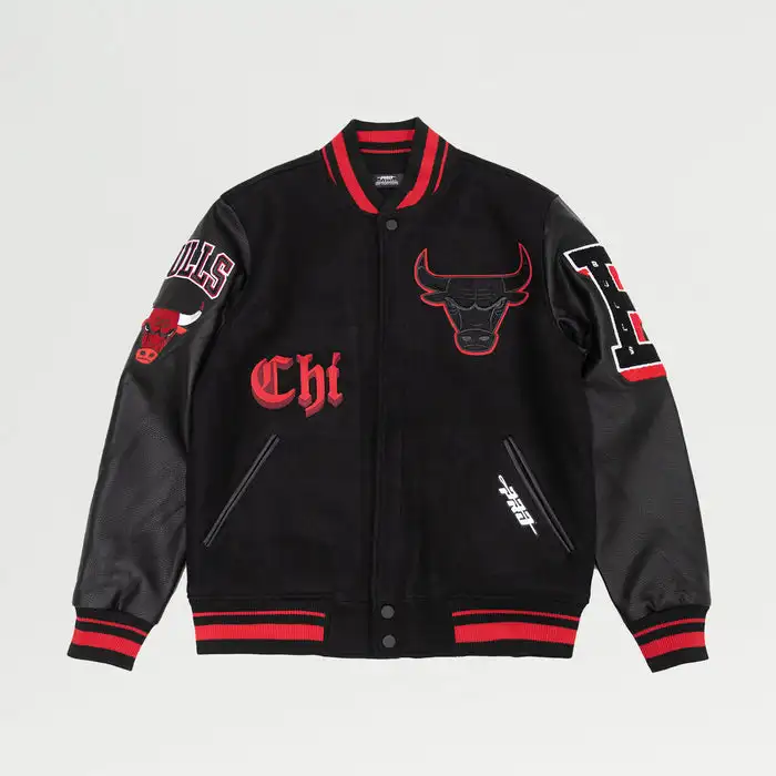 custom made wool varsity letterman jacket with genuine leather sleeve embroidery patches sports bull basketball team jacket