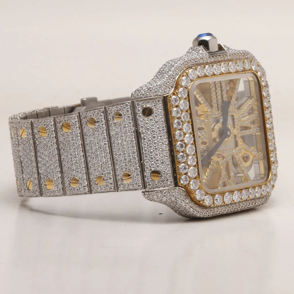 Full Iced Out Bling Tester Passed Mechanical belt Unisex Bezel Silver Transparent Custom Logo with Box Moissanite Diamond Watch