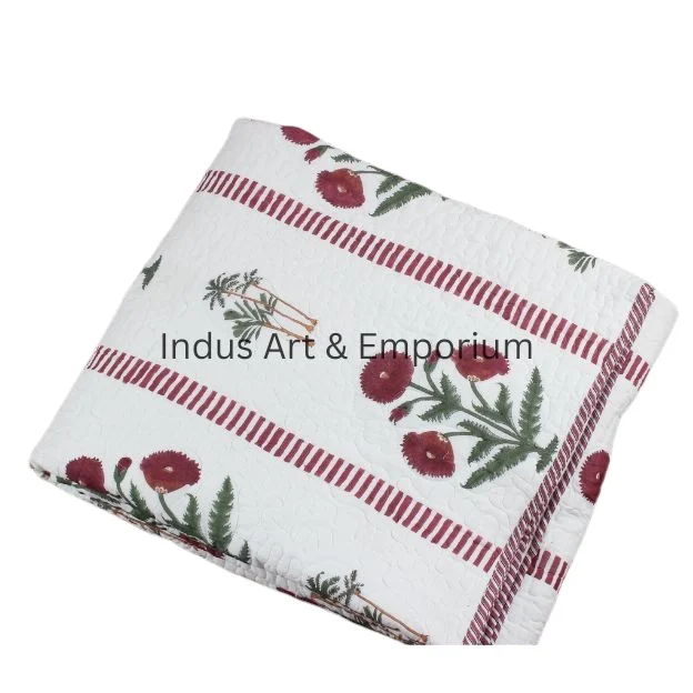 Red Poppy flower hand block printed kantha bedspreads cotton quilted bedcover
