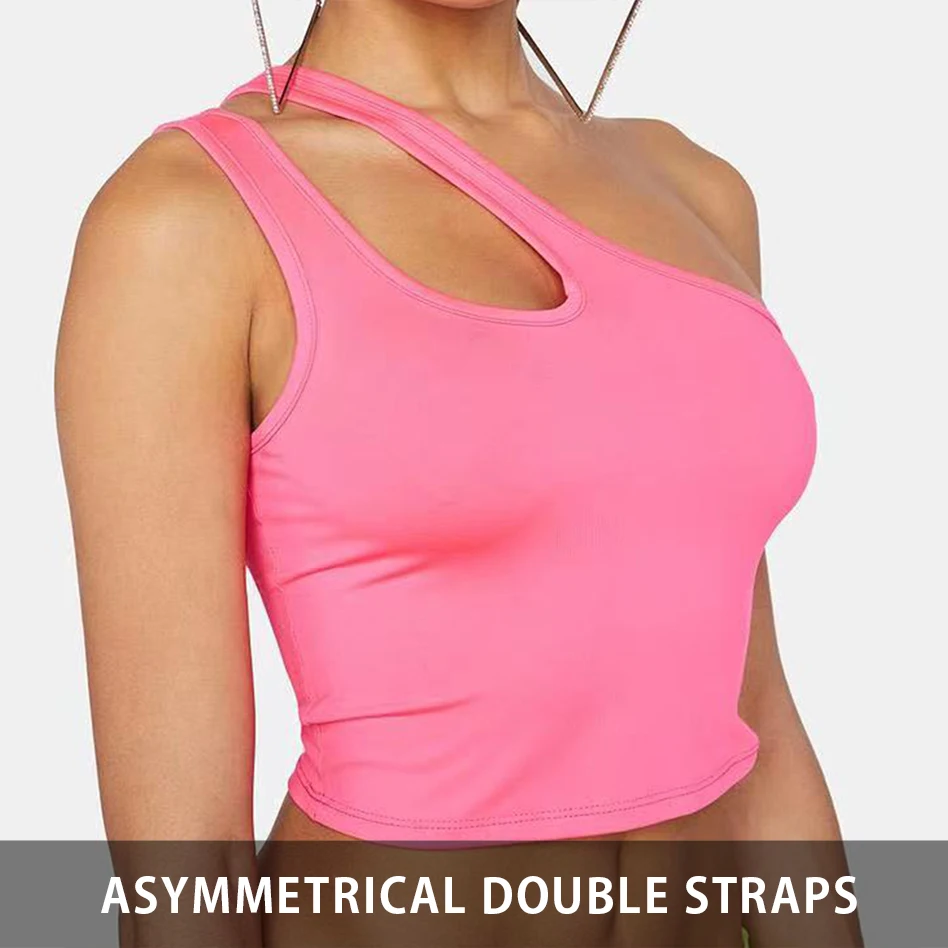 2022 Customized Sexy Hot Girls In Tight Solid Color Double Straps Cut-out Asymmetrical Y2k Tank Tops