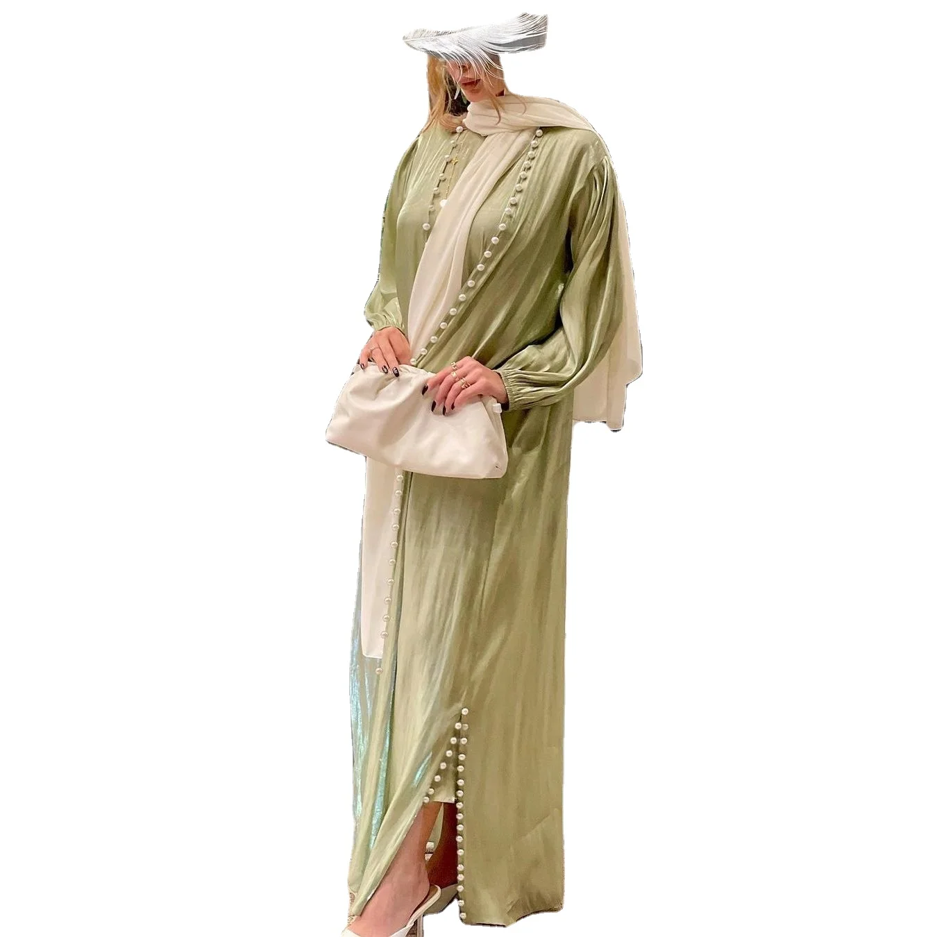 Modern Trendy Light Green Arab Abaya Kaftan Turkish EID Modest Islamic Clothing Dubai Elegant Shiny Silk Open Abaya Women Muslim