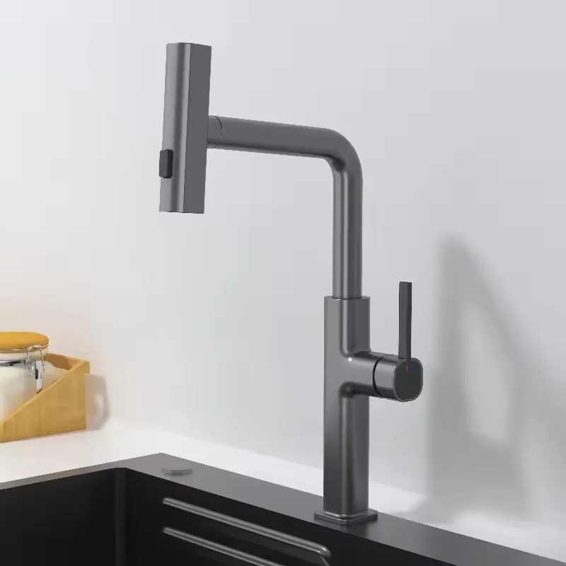New Design Hot Sale Top 1 Matte Gray Kitchen Sink Faucet Hot Cold Mixer Taps Rainfall Multi-function Faucet Pull Kitchen Taps