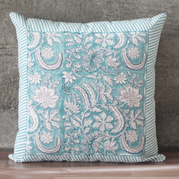 Hand Block Printed Indian Floral Handmade Decorative Cushion Cover 40x40 Pillowcase