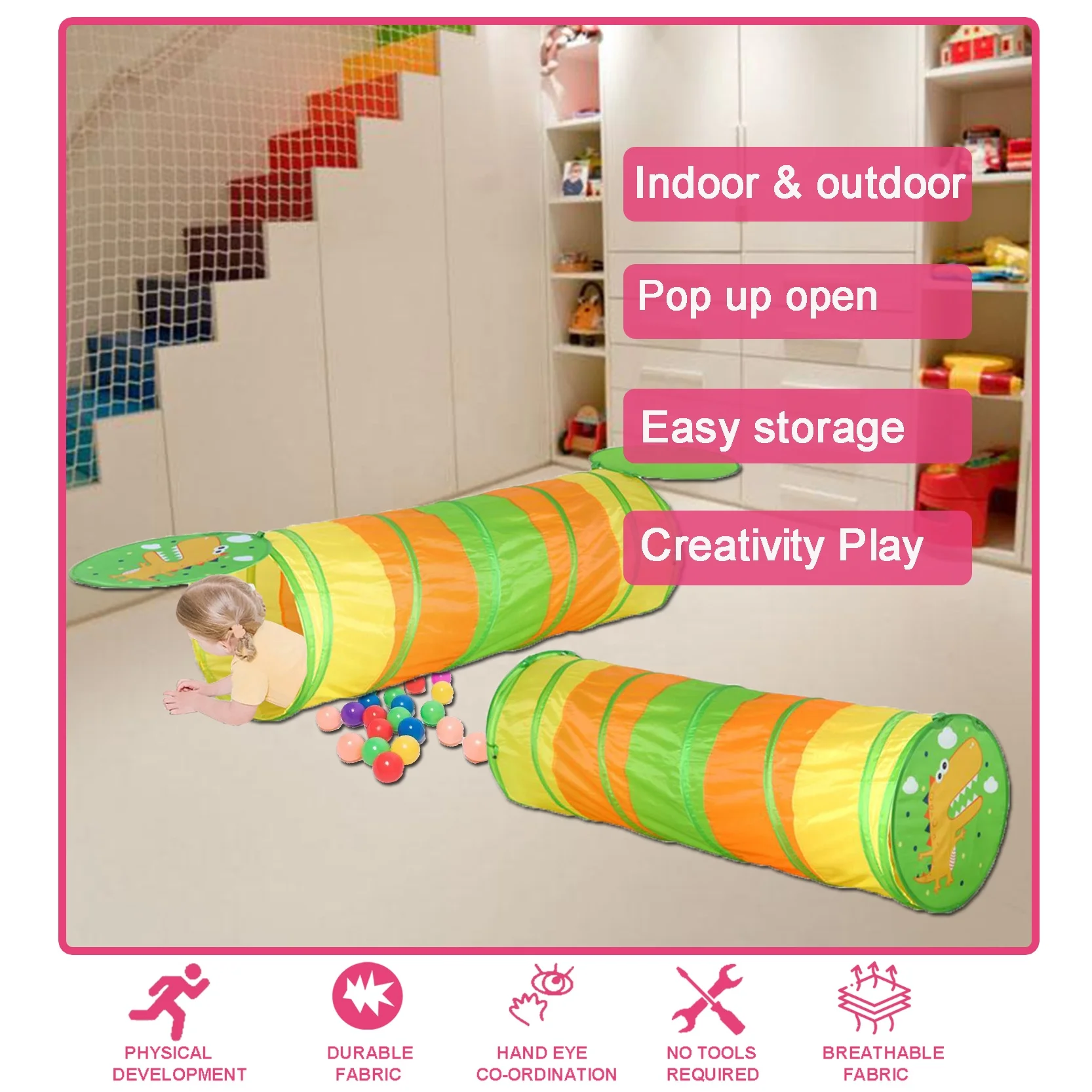 OEM design dinosaur kids play tunnel with carry bag pop up tunnel use indoor outdoor collapsible play tunnel gift for kids