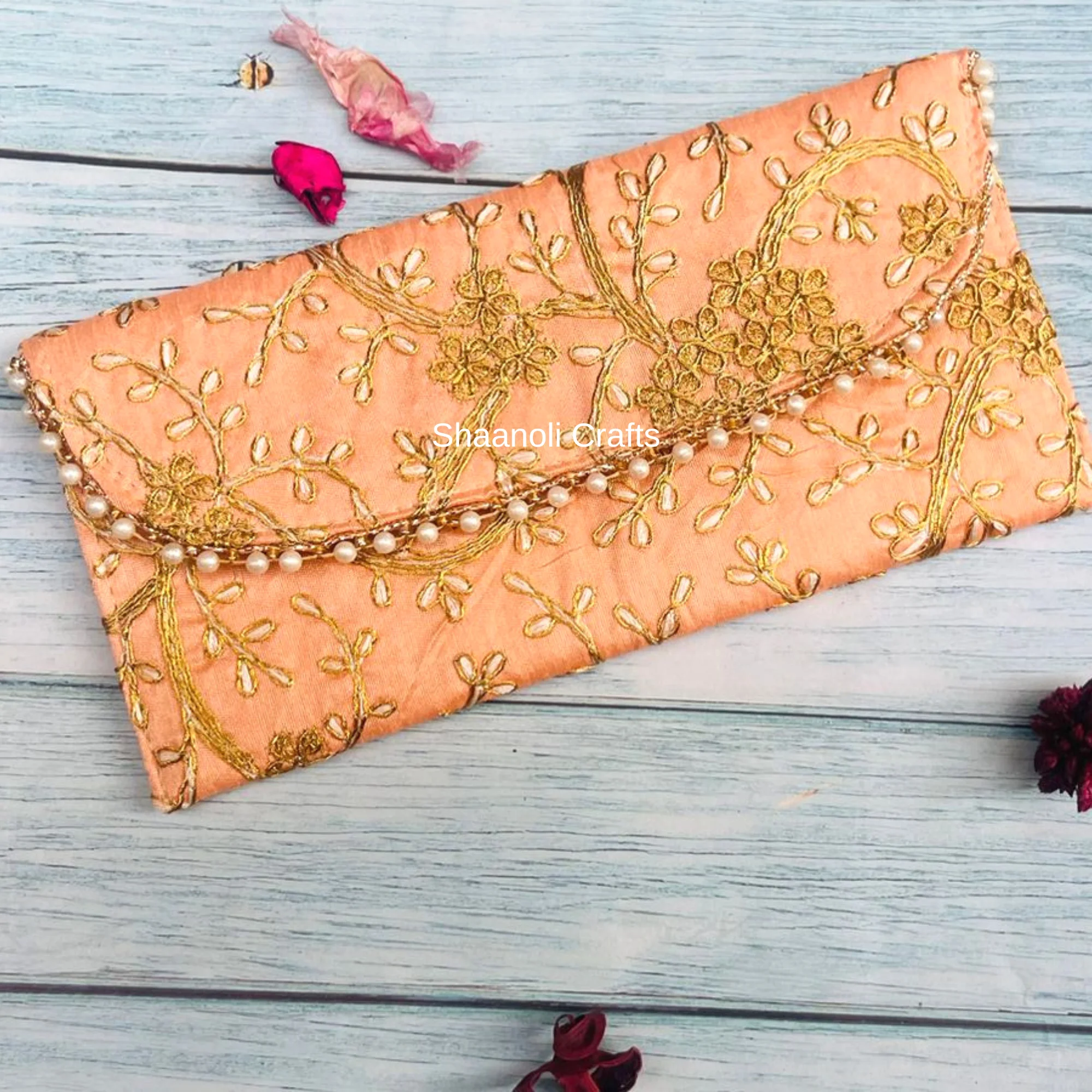 Handmade Indian Ethnic Slim Mobile Pouch Zardozi Embroidery Pattern Polyester Lining Button Closure Wedding Favor Gift Bag