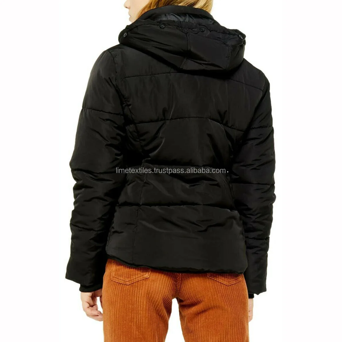 Fashion Warm Shiny Padded Puffer Jacket Black Short Women Quilted Coat Puffer coat with big fur hood Black Shiny Puffer Coat