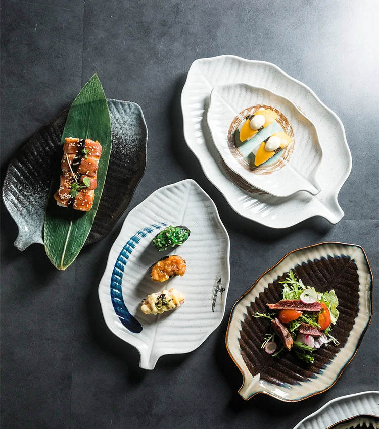 Good quality restaurant plates Japanese style ceramic dishes leaf shaped sushi plate sets