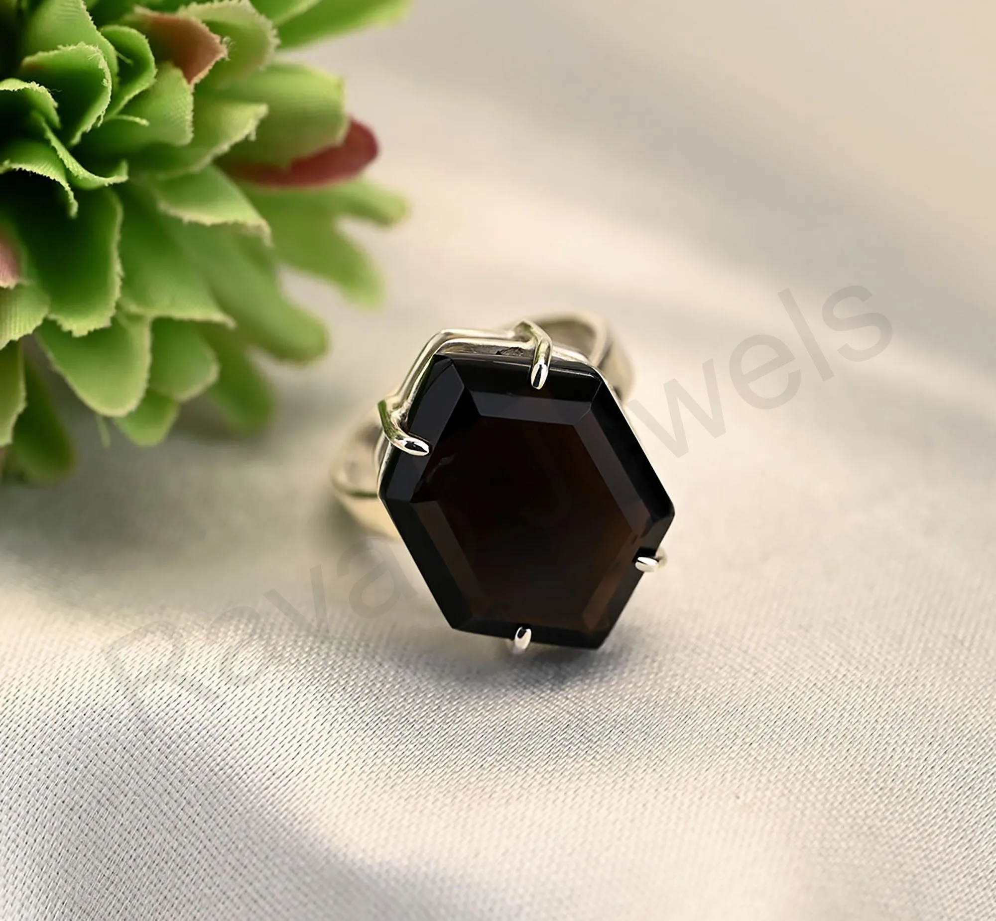 2024 Black Onyx Sterling Silver 925 Stamp Hexagone 10X14mm Prong Eternity Vermeil Silver Plated Partywear Ring Gift For Girl