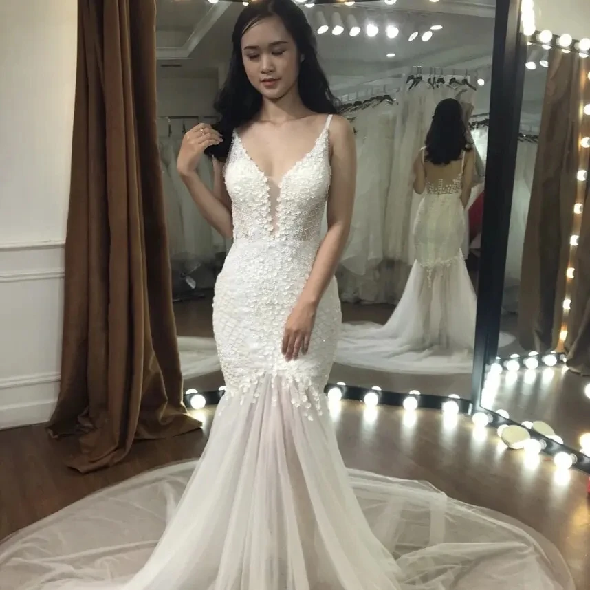 White sexy tulle lace backless long tail sparkling crystal beaded luxury wedding dresses TNBPno60